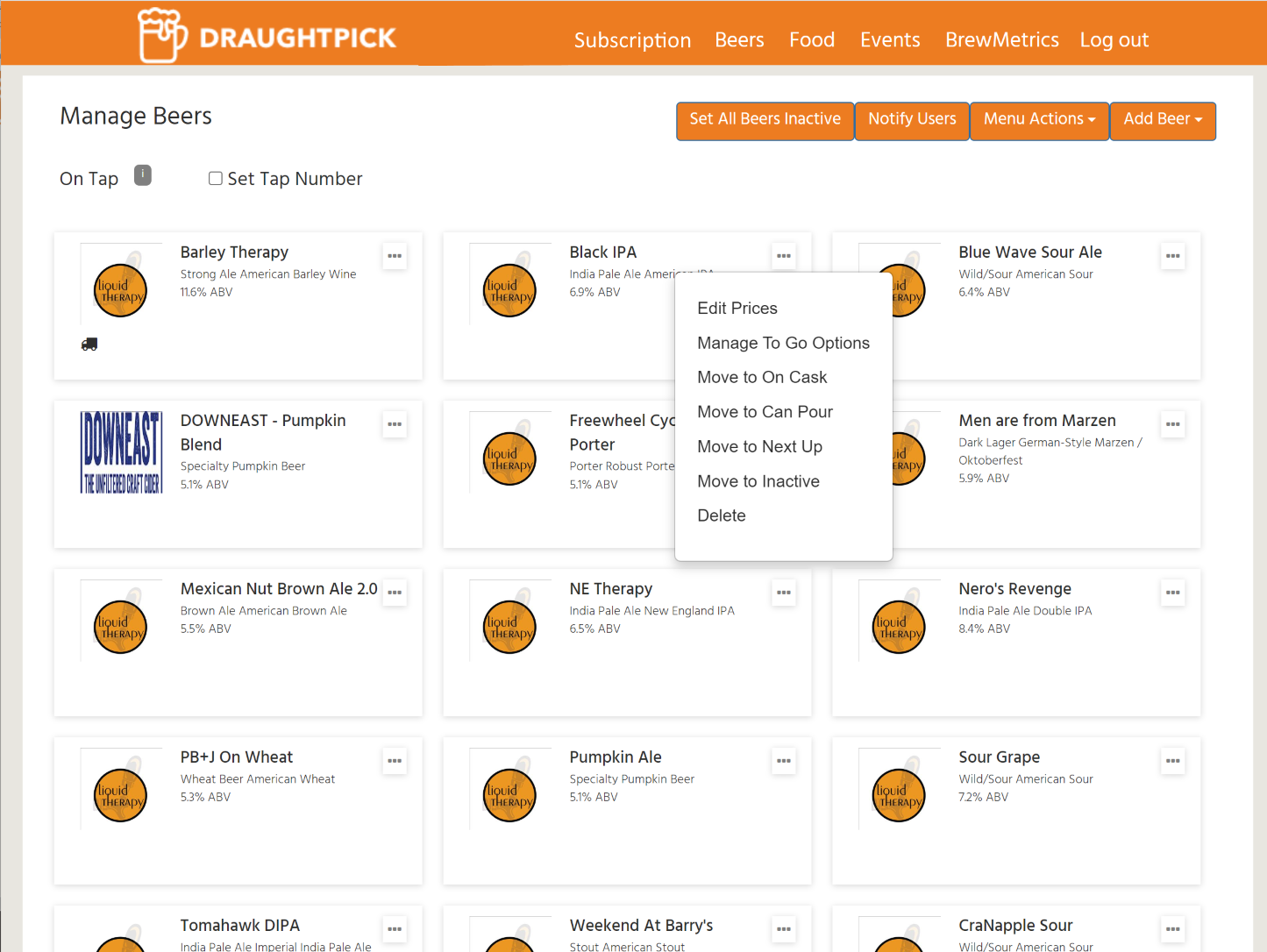 Screenshot of DraughtPick Partner Manage Beer Page