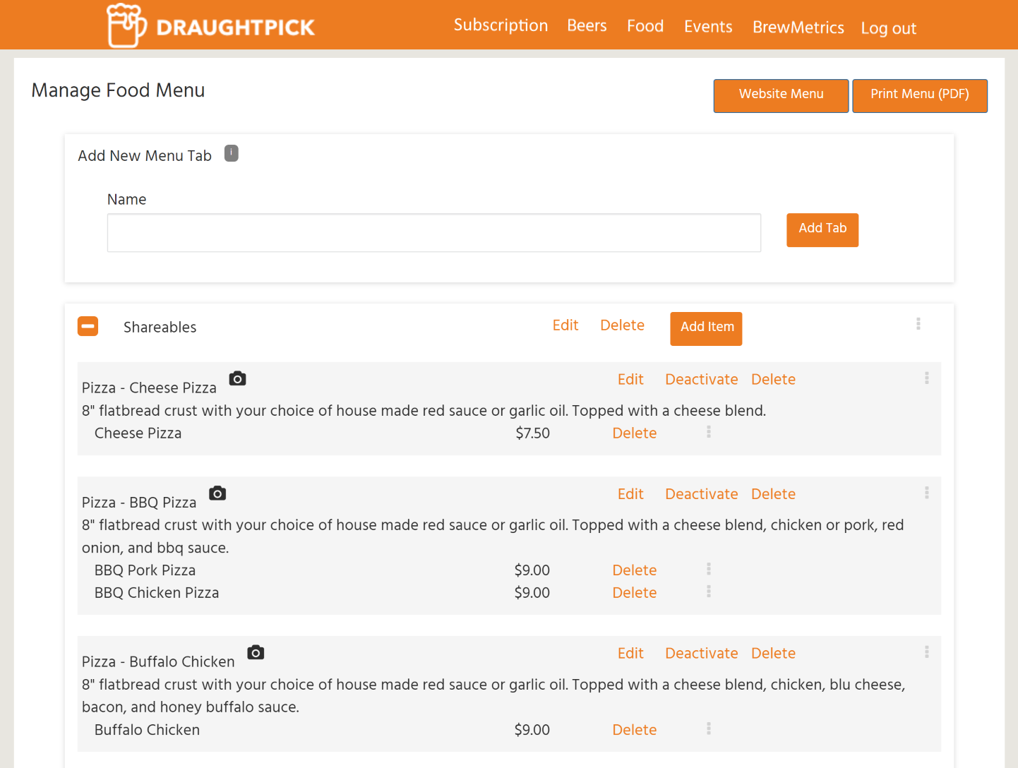 Screenshot of DraughtPick Partner Manage Food Page
