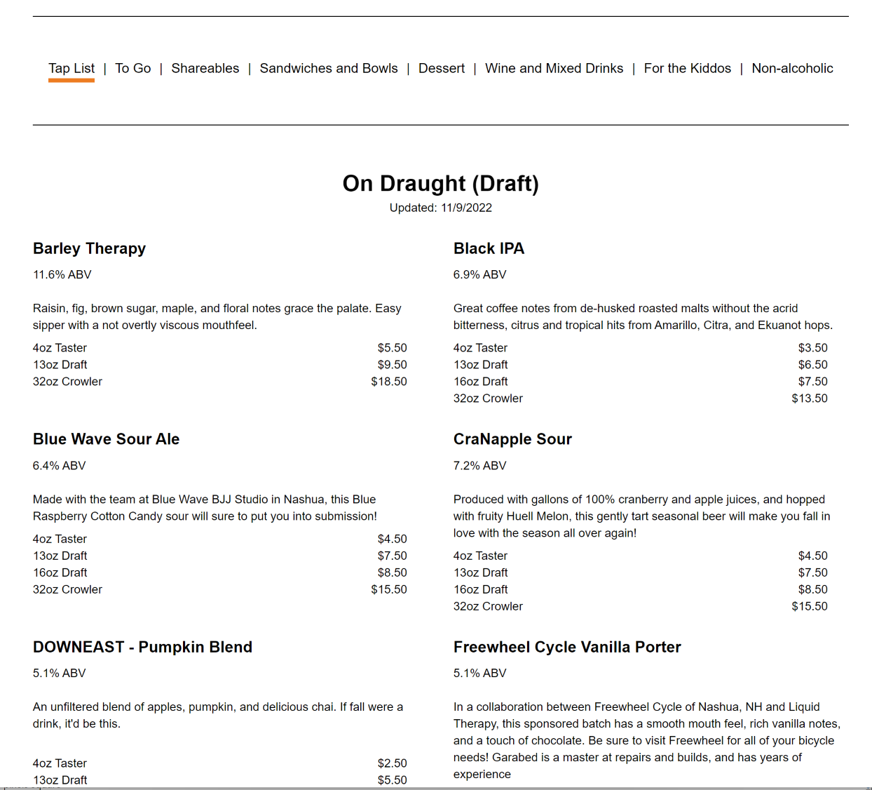 Screenshot of DraughtPick Interactive Web Menu